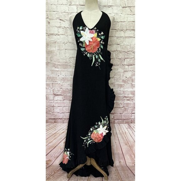 Ana Rosa Womens Halter Dress Handpainted Floral Art to Wear Black Cotton Size S - Picture 1 of 7